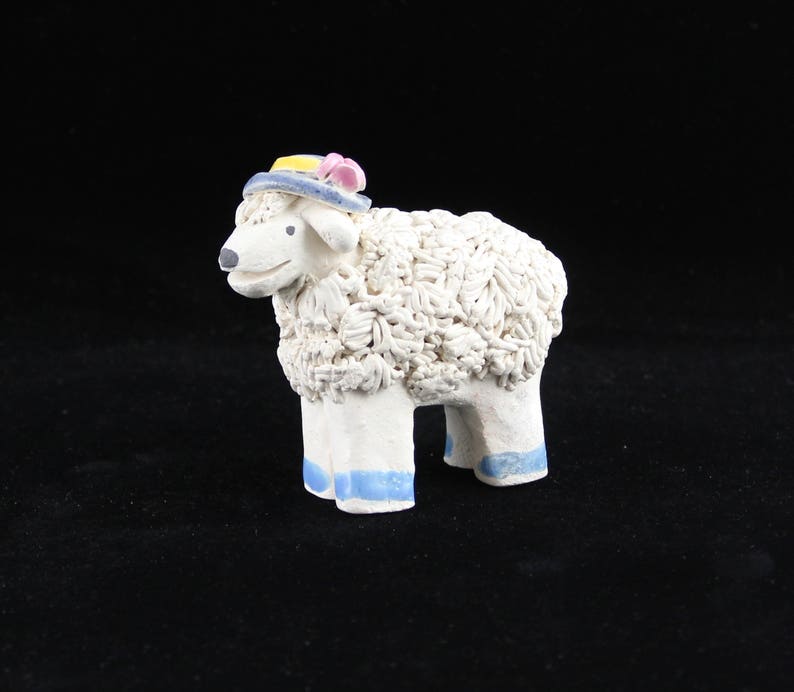 Lamb in Country Hat, Handmade Ceramic Figurine, Collectible Sheep by Karlene Voepel. Sold individually. image 1