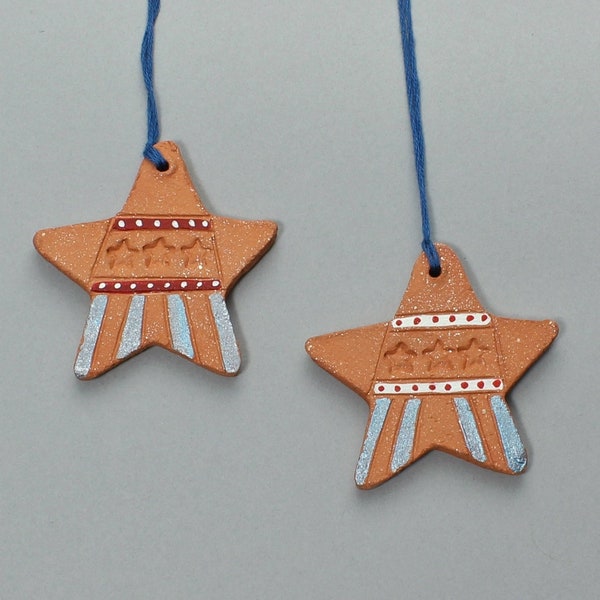 Star Patriotic Ornament, Sold Individually, Hand-Painted Red Mica Clay and White Clay.