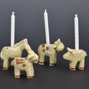 Farm Animal Birthday Candle Holders: Donkey, Goat, Cow, Pig, Dog, Mouse, Cat, Sheep, Rabbit, Horse, by Karlene Voepel. Sold Individually.