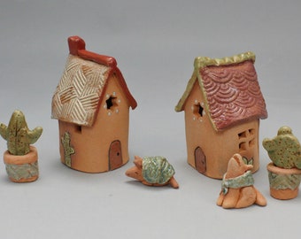 Tiny Southwest Houses, 3 1/2 Tall, Terracotta Casitas, Arizona Artist