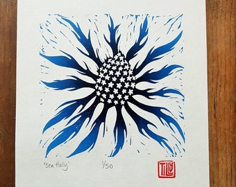 Printmaking, lino print, block print, sea holly print, thistle, woodcut, Prussian blue, pale blue, artwork, gift idea, botanical