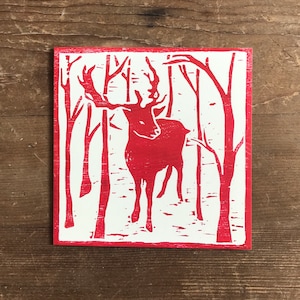 Confezione da 10 biglietti di Natale con renne, stampa xilografica, incisione su legno, biglietto di auguri, set, confezione, rosso, stampa, inverno, stampa a blocchi, animale