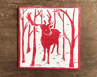 Reindeer mini handmade linocut print