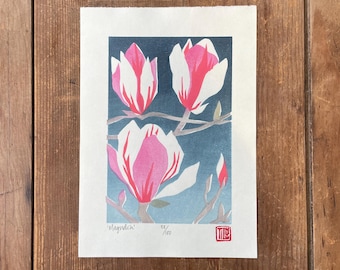 Magnolia Woodblock Print, Japanese Floral Art, Original Woodcut