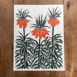 Fritillaria original linocut, large lino print, flowers, wall art, printmaking, garden, block print, botanical