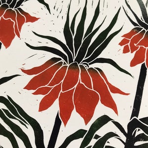 Fritillaria card , botanical lino print, linocut art card, printmaking, thank you, birthday card, blank, orange flower image 3