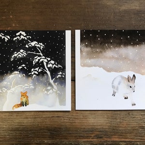Pack of 10 Fox and snow hare Christmas cards, hand painted set of watercolour cards, starry sky, snow , art cards, winter, night sky, rabbit