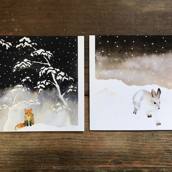 Lot de 10 cartes de Noël renard et lièvre des neiges, jeu de cartes aquarelle peintes à la main, ciel étoilé, neige, cartes d'art, hiver, ciel nocturne, lapin