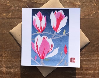 Magnolia card, woodcut print, woodblock, printmaking, blue print, Japanese woodblock print, birthday, thank you, note card, art card, blank