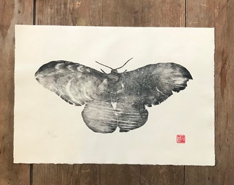 Moth original woodblock print, Large woodcut, wood grain, nature, printmaking,  wood wall art, Japanese print, black, block print