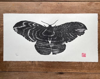 Moth original woodblock print, Large woodcut, wood grain, nature, printmaking,  wood wall art, Japanese print, black, block print