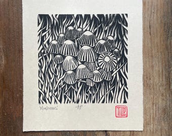 Setas linograbado, impresión en lino, hongos en blanco y negro