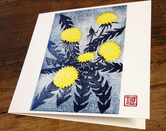 Dandelion card, woodblock print, Japanese, woodcut, art card, printmaking, thank you, birthday card, blank, wood grain, flower