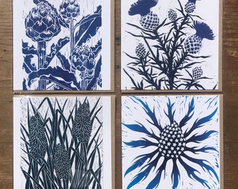 Pack of 4 cards, woodcut, lino print, printmaking, thistle, sea holly, artichoke, red hot poker