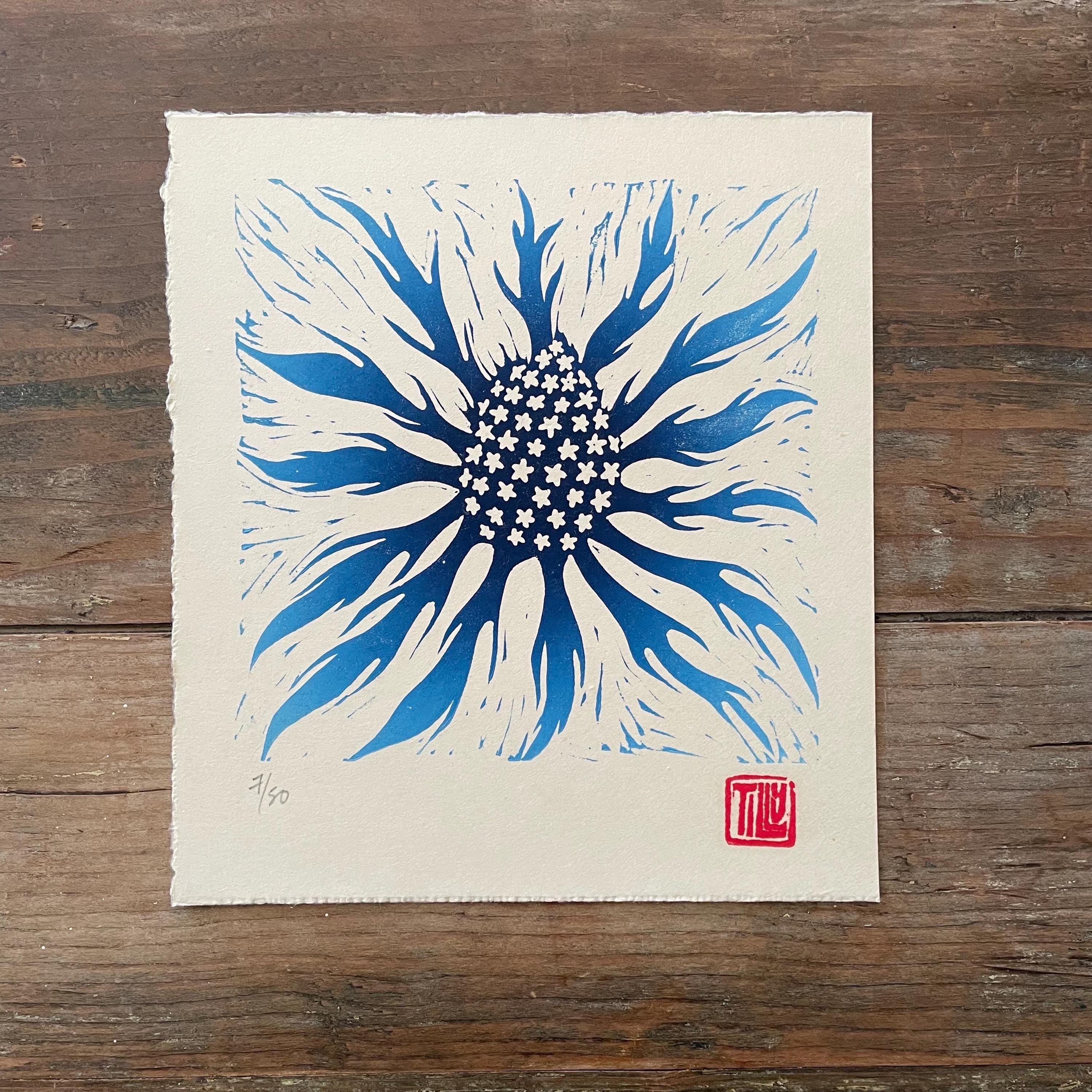 Sea Holly Lino Print, Prussian Blue Botanical Artwork