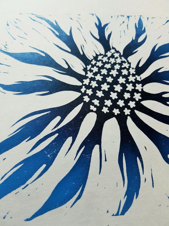 woodcut Sea Holly Lino print blue artwork woodblock print wall art