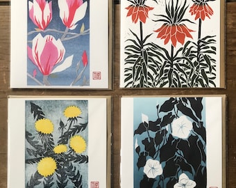 Pack of 4 cards, woodcut, lino print, printmaking, Magnolia, Dandelion, Fritillaria, bindweed, botanical prints