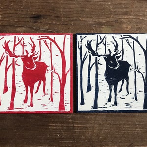 10 cartes de Noël rennes, gravure sur bois, paquet, jeu de cartes de vœux, salutations, faune, gravure, gravure sur bois, estampe, rouge, bleu