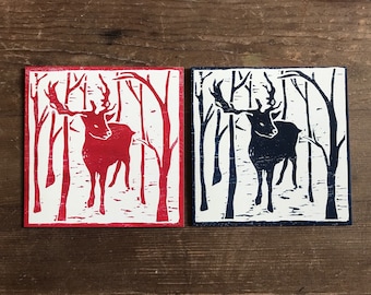 10 Reindeer Christmas cards, woodblock print, Pack, set of holiday cards, greetings, wildlife, printmaking, woodcut, block print, red, blue