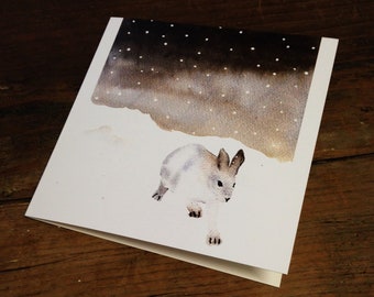 Snow Hare Christmas card, watercolour, luxury, winter scene, Japanese, snow, painted, winter, snow scene, night time