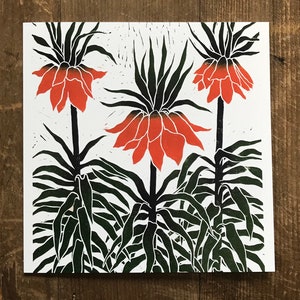 Fritillaria card , botanical lino print, linocut art card, printmaking, thank you, birthday card, blank, orange flower image 1