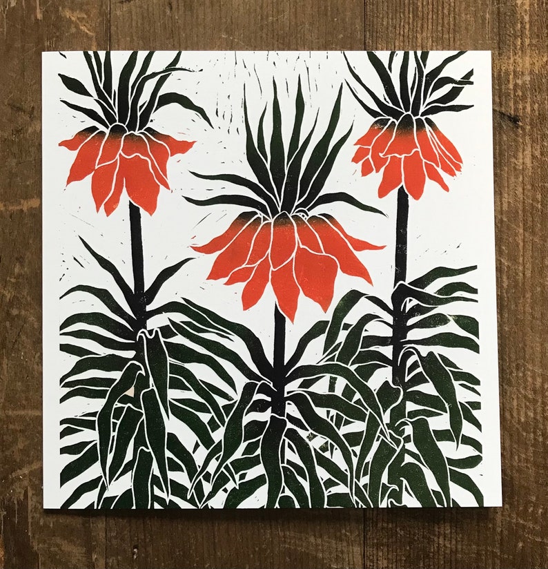 Fritillaria card , botanical lino print, linocut art card, printmaking, thank you, birthday card, blank, orange flower image 1