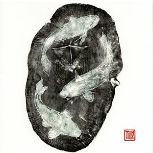 Koikaart, houtsnede, Japans, houtsnede, kunstkaart, blauwdruk, prentkunst, bedankt, verjaardagskaart, blanco, houtnerf
