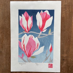 Magnolia woodcut, Japanese woodblock print, flowers, Pink, white, blue, original art print, wall art, printmaking, garden, block print