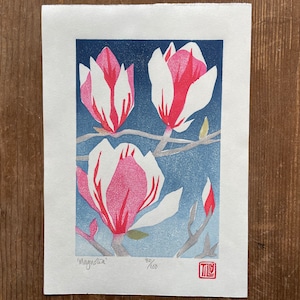 Magnolia woodcut, Japanese woodblock print, flowers, Pink, white, blue, original art print, wall art, printmaking, garden, block print