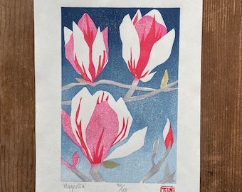 Magnolia woodcut, Japanese woodblock print, flowers, Pink, white, blue, original art print, wall art, printmaking, garden, block print