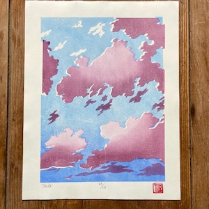 Clouds Japanese Woodblock print, printmaking, woodcut, sky, blue, print, artwork, wall art, hand pulled print, handmade, original