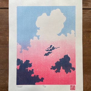 Clouds Japanese Woodblock print, printmaking, woodcut, sky, blue, pink, print, artwork, wall art