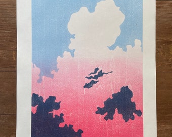 Clouds Japanese Woodblock print, printmaking, woodcut, sky, blue, pink, print, artwork, wall art