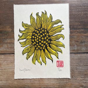 Xilografia di girasole, stampa xilografica, stampa artistica originale, arte murale, incisione, nero, stampa a blocchi