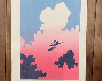 Wolken Japanse houtsnede print lichte seconde, prentkunst, houtsnede, hemelsblauw, print, artwork, handgetekende print, handgemaakt, origineel