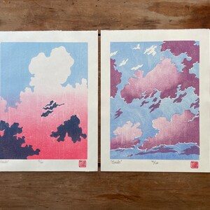 雲の日本木版画、手刷りの空のアートワーク - Etsy 日本
