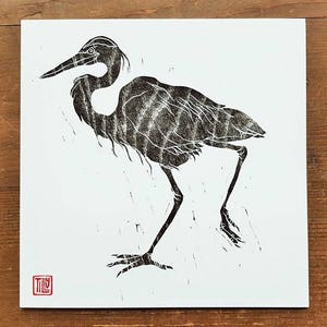 Reigerkaart, houtsnede, Japans, houtsnede, kunstkaart, zwarte print, prentkunst, bedankt, verjaardagskaart, blanco, kraanvogel, houtnerf