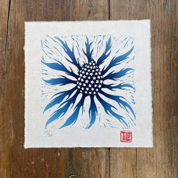 Sea Holly Lino Print, Botanical Art, Prussian Blue Artwork