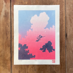 Clouds Japanese Woodblock Print, Printmaking, Woodcut, Sky, Blue