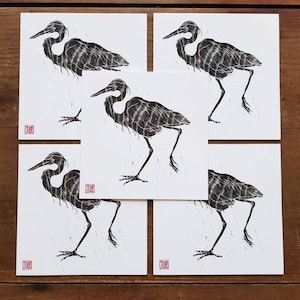 Pack de 5 tarjetas Heron, xilografía japonesa, xilografía, grabado, naturaleza, grúa, negro, en blanco, arte, especial, único