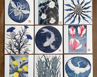 Pack of 9 cards, botanical woodcut & lino print, printmaking, heron, koi, bee, woodblock print