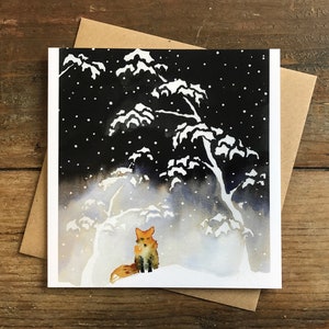 Fox-kerstkaart, aquarel, luxe, winters tafereel, Japans, sneeuw, blauw, oranje, wenskaart, milieuvriendelijk, bruine gerecyclede envelop