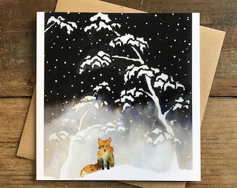 Fox Christmas card, watercolour, luxury, winter scene, Japanese, snow, blue, orange, greetings card, eco friendly, brown recycled envelope