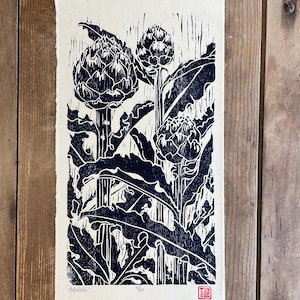 Artichoke print, woodblock print, woodcut, printmaking, large, leaves, plants, flowers, wood grain, nature, blue wall art, original