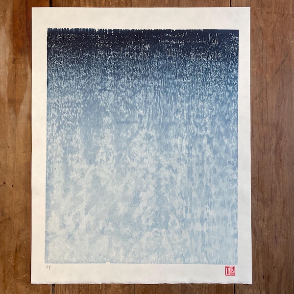 Grabado japonés en madera, azul prusiano, obra de arte sobre la lluvia, prueba de artista, edición limitada