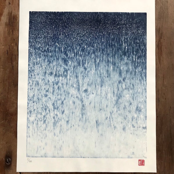 Grabado en madera japonés, grabado 'Lluvia', obra de arte, grabado, azul de Prusia, arte de pared, textura, abstracto, regalo, grabado en madera grande