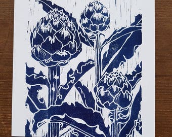 Artichoke card, woodcut print, blue, Japanese woodblock print, printmaking, vegetable garden, allotment, thank you, birthday, blank