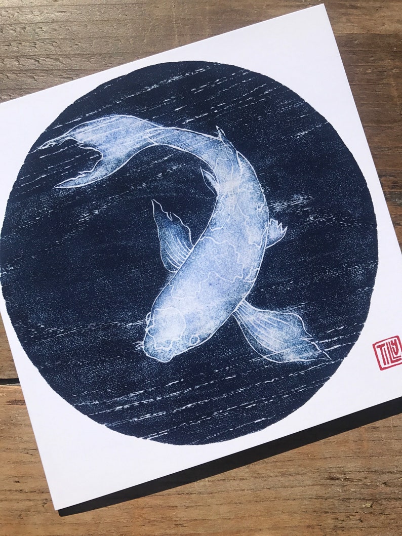 Pack of 5 Koi cards, woodblock print, nature, blue, blank inside, art, special, unique, woodcut, printmaking, fish, wood grain image 2