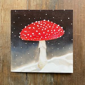Kerstkaart vliegenzwam, aquarel kaart paddestoelen