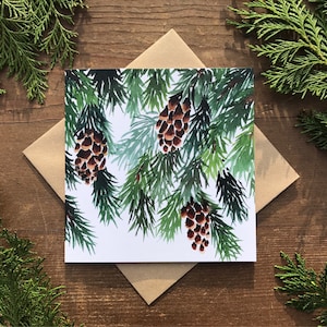5 Kiefer Weihnachtskarten Pack, Aquarellkarten, Kartenset, Tannenzapfen, Aquarell, Kartenset, Baum, Natur, Garten, Schnee